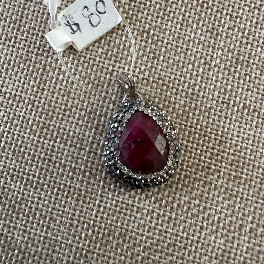 Elegant sterling Silver and Red ruby Teardrop and rhinestone Pendant